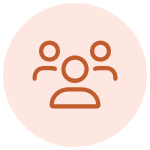 Simple icon of three people, one in front and two behind, on a light pink background.