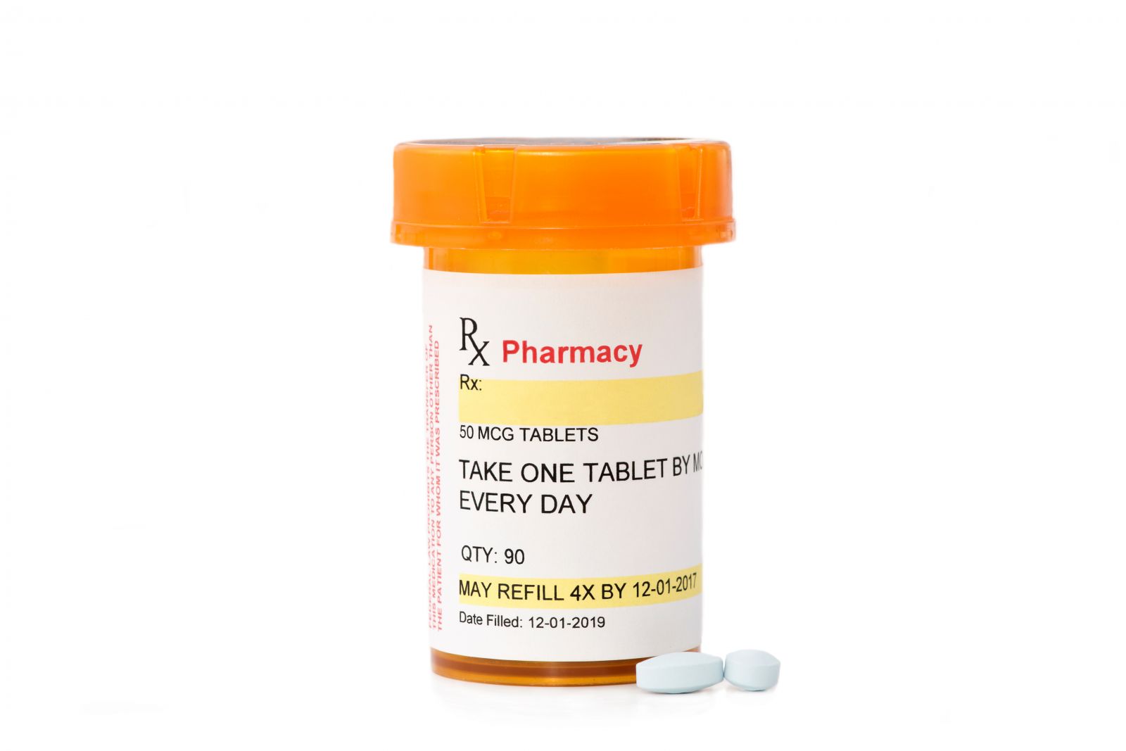 Orange prescription pill bottle labeled "Pharmacy" with two blue tablets beside it on a white background.