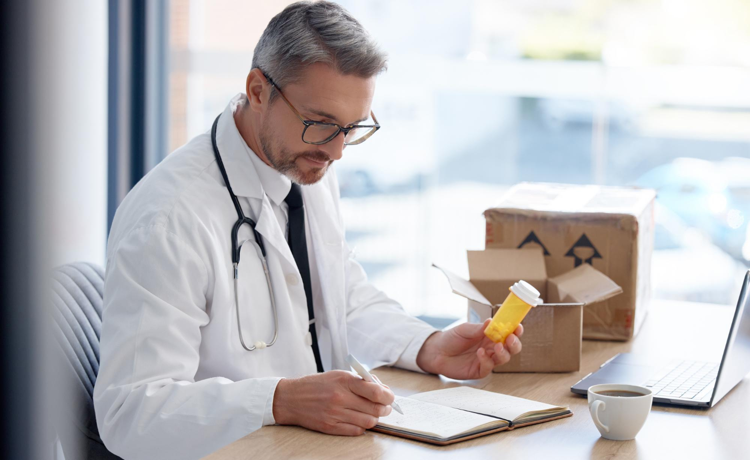 Doctor reviews a prescription bottle at his desk, writing notes in a notebook beside a shipping box.